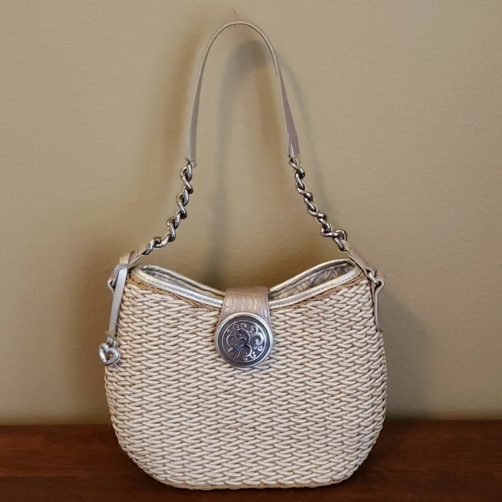 Brighton Cream Woven Shoulder Bag with Silver Accents